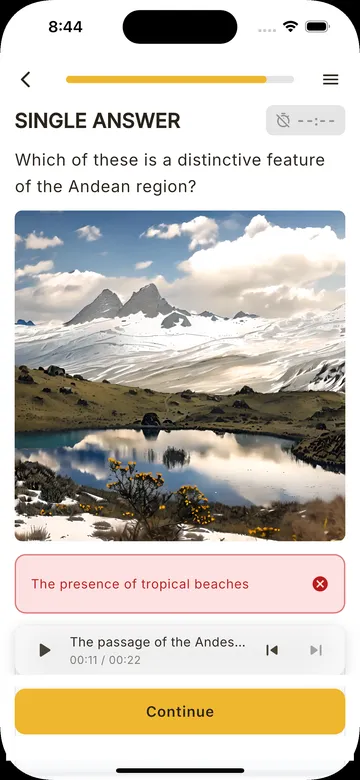 Pantalla de la app de Gurwi: una pregunta de quiz con tres opciones y audio