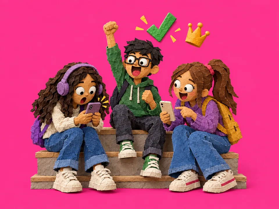 Tres adolescentes celebran una respuesta correcta en sus celulares