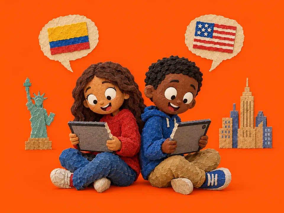 Dos niños leen la misma clase en español y en inglés, con Nueva York al fondo