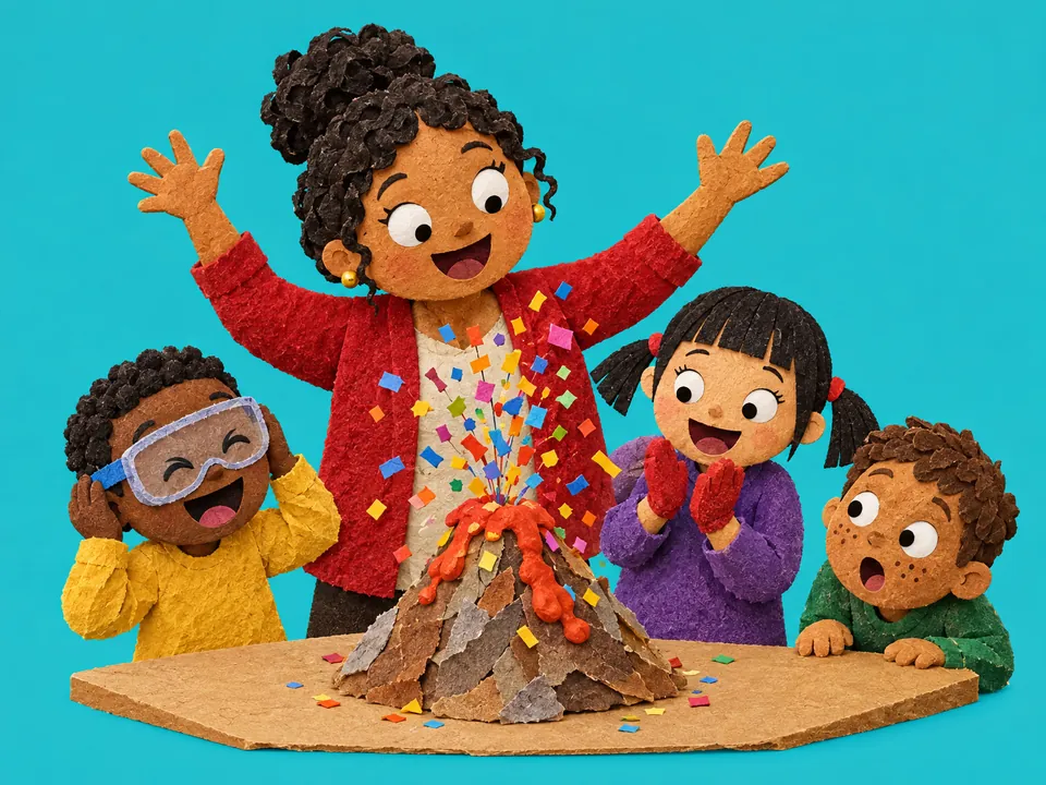 Una maestra y niños de primaria celebran un volcán de papel en erupción