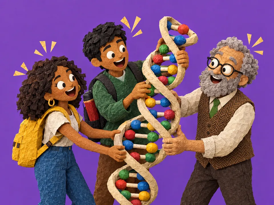 Dos universitarios y su profesor giran un modelo gigante de ADN