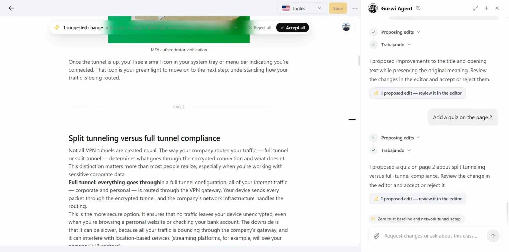 Editor do Gurwi mostrando uma mudança proposta pelo agente com os botões Rejeitar tudo e Aceitar tudo